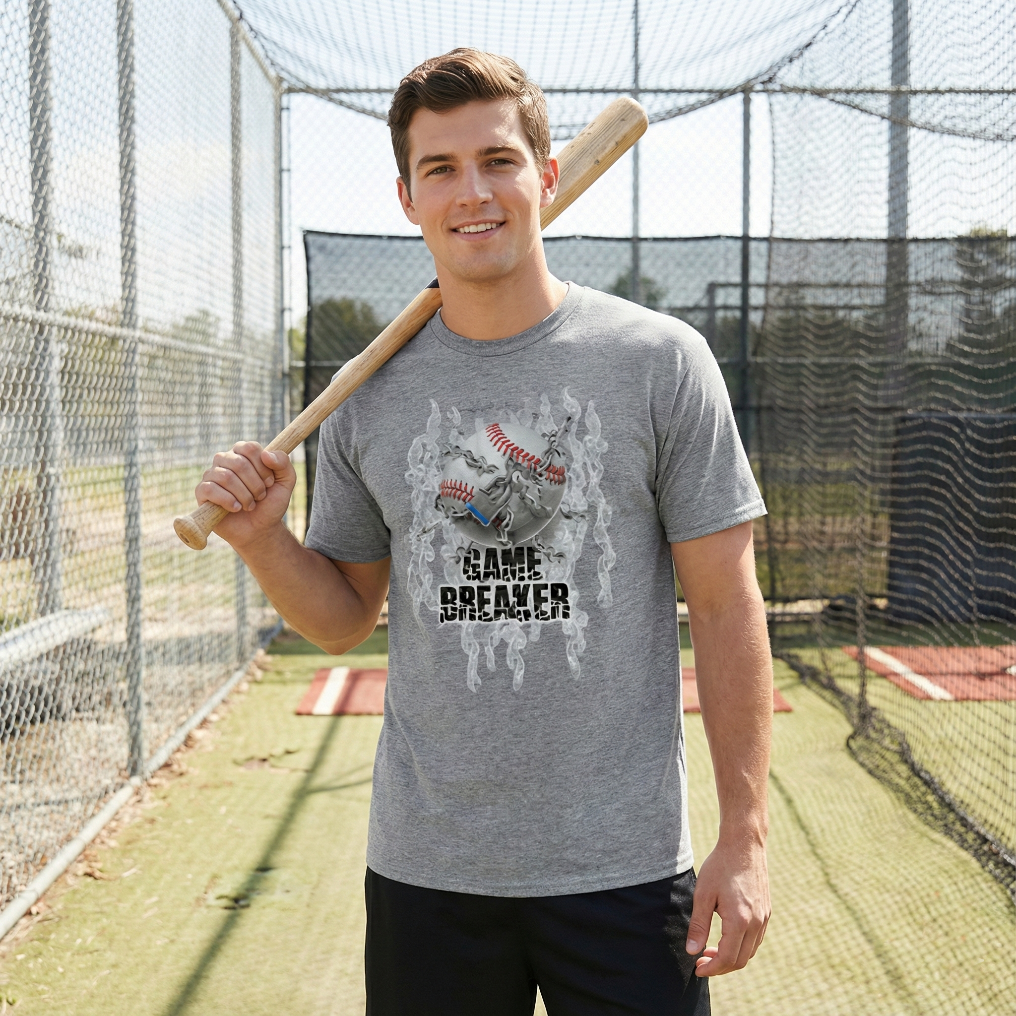 Man holding a baseball bat and wearing a gray t-shirt with a graphic design in a batting cage.