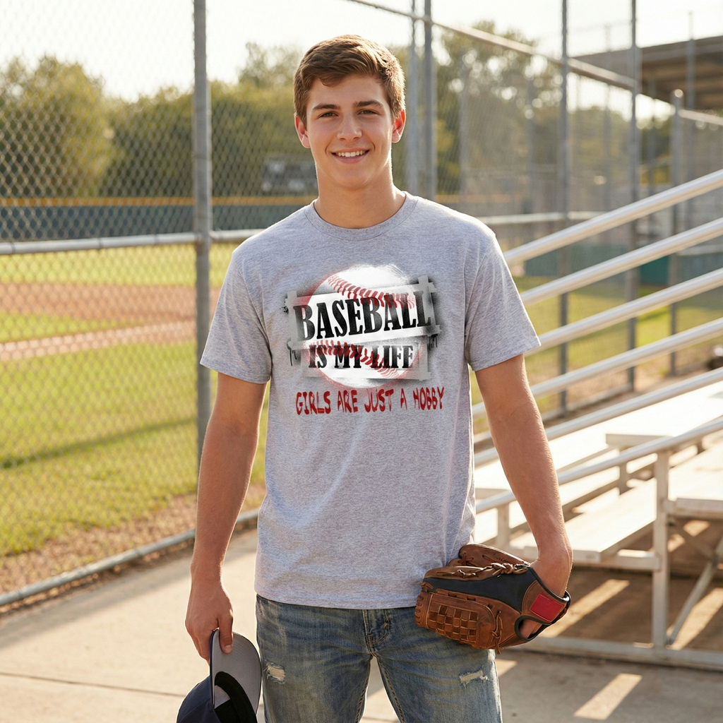 Person wearing a gray t-shirt with a baseball-themed design on a baseball field.