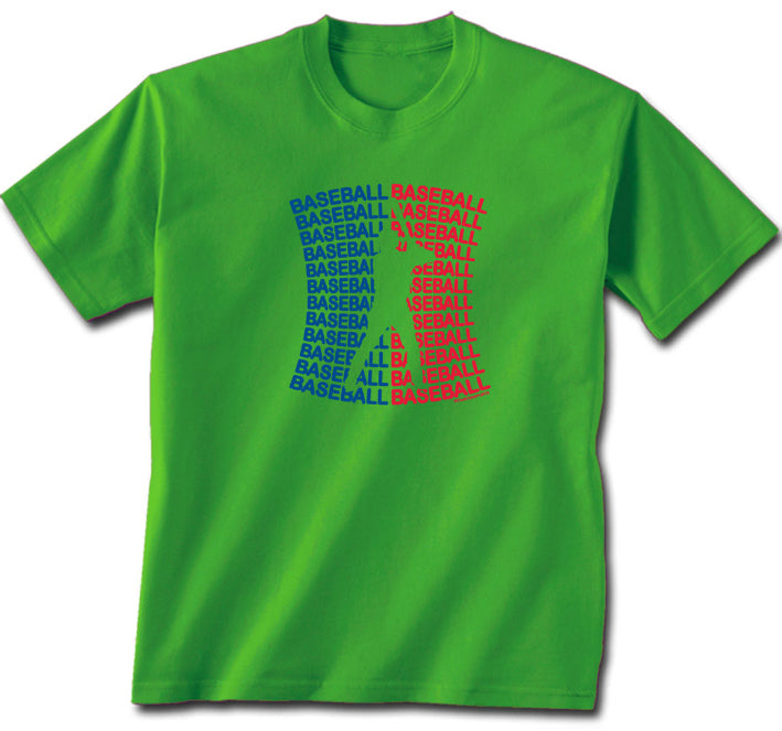 Green t-shirt with 'BASEBALL' text in red and blue on a white background