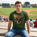 Man wearing a green t-shirt with a skull and baseball design at a baseball stadium.