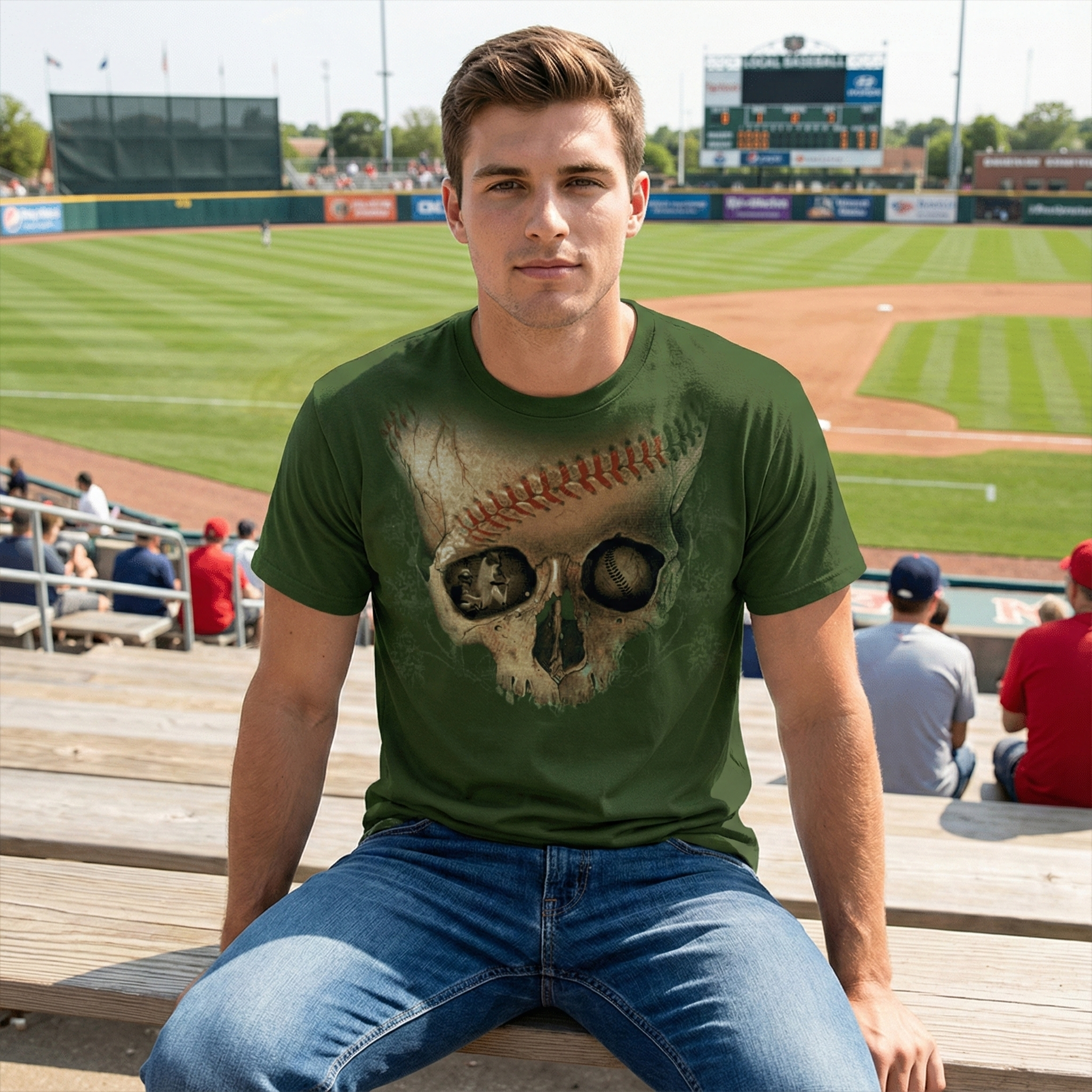 Man wearing a green t-shirt with a skull and baseball design at a baseball stadium.