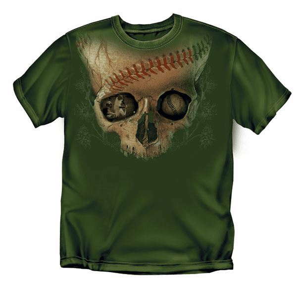 Green t-shirt with a skull and baseball design on a white background