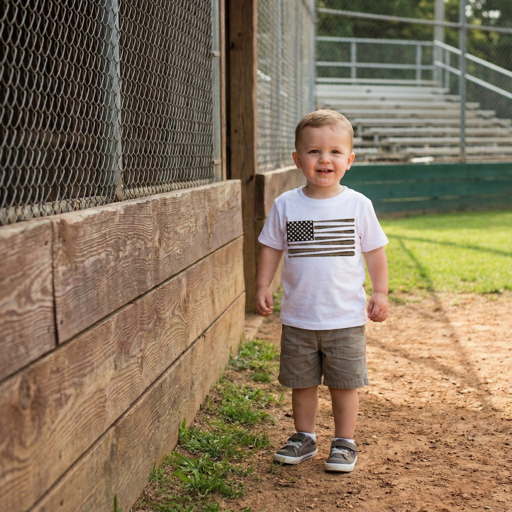 Child wearing a white t-shirt with an American flag baseball design, standing on a baseball field by the dugout