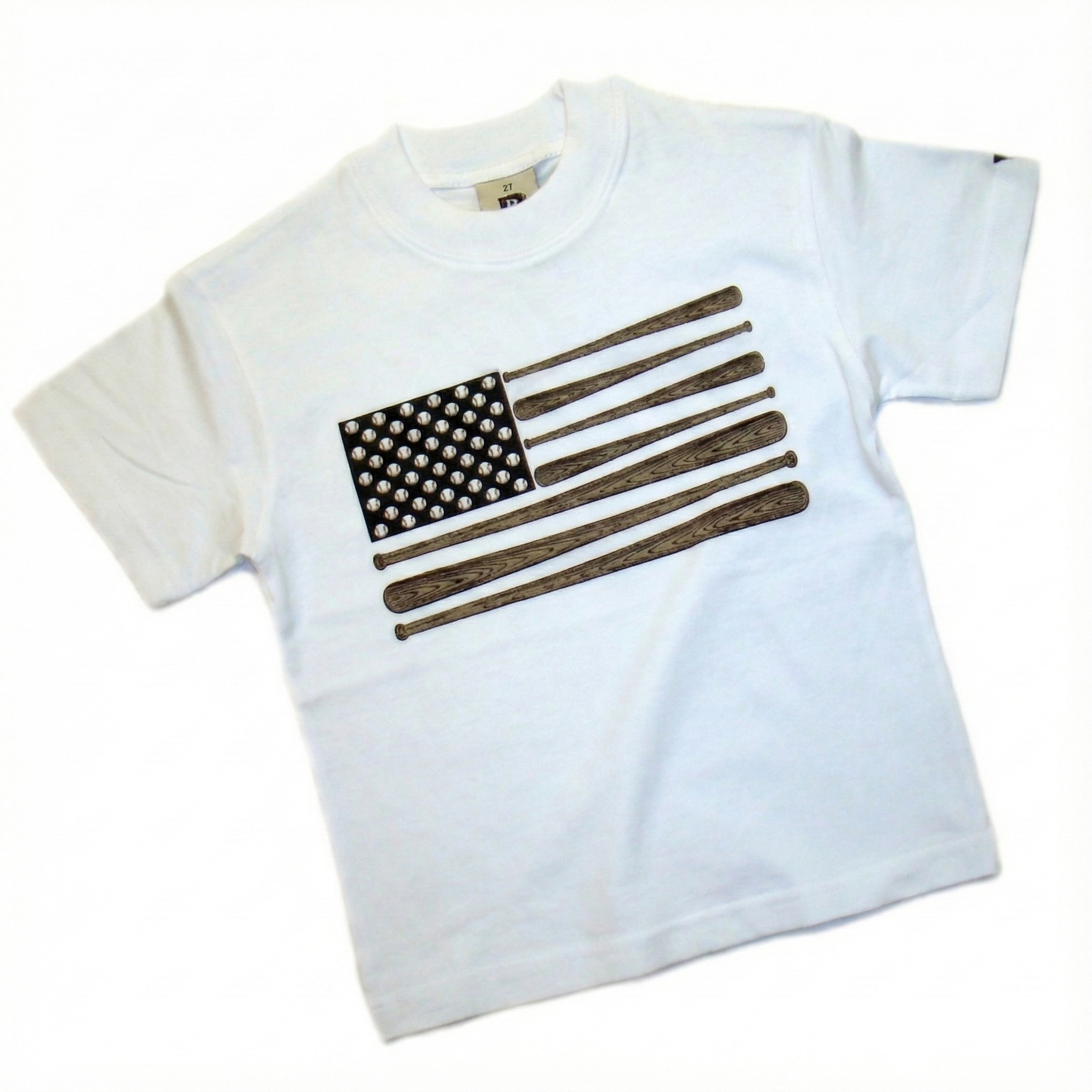 White t-shirt with American flag baseball design on a white background