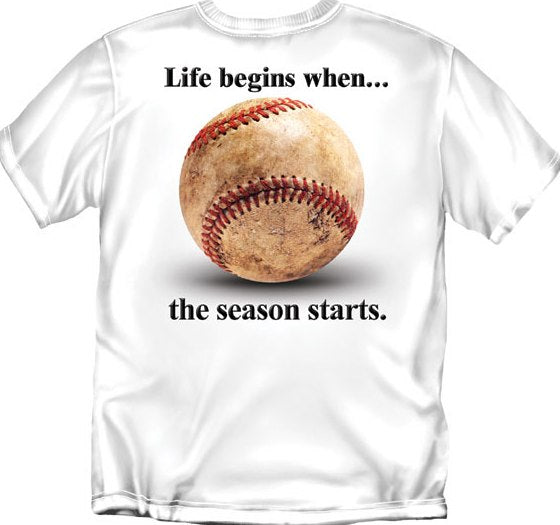 White t-shirt with a baseball graphic and text on a white background