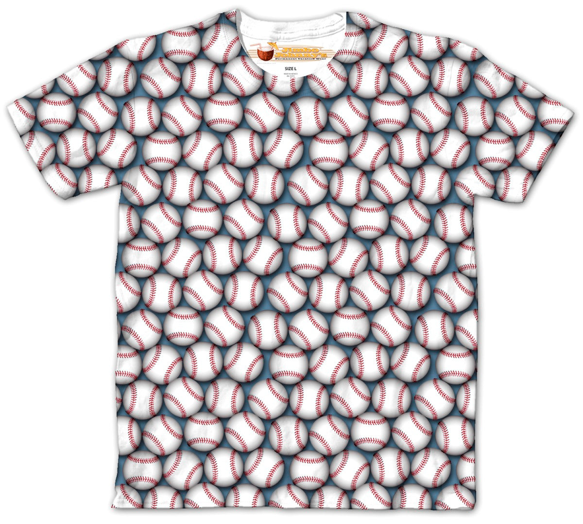 T-shirt with a pattern of baseballs on a white background