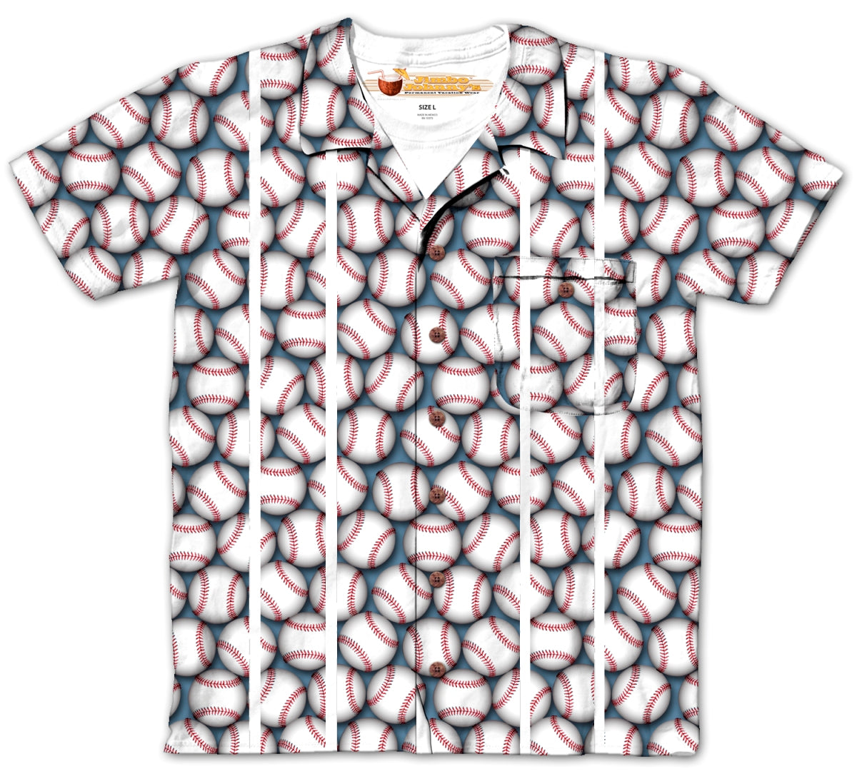 Button-up shirt with baseball pattern on a white background