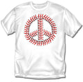 White t-shirt with a peace symbol made of baseball stitches on a white background