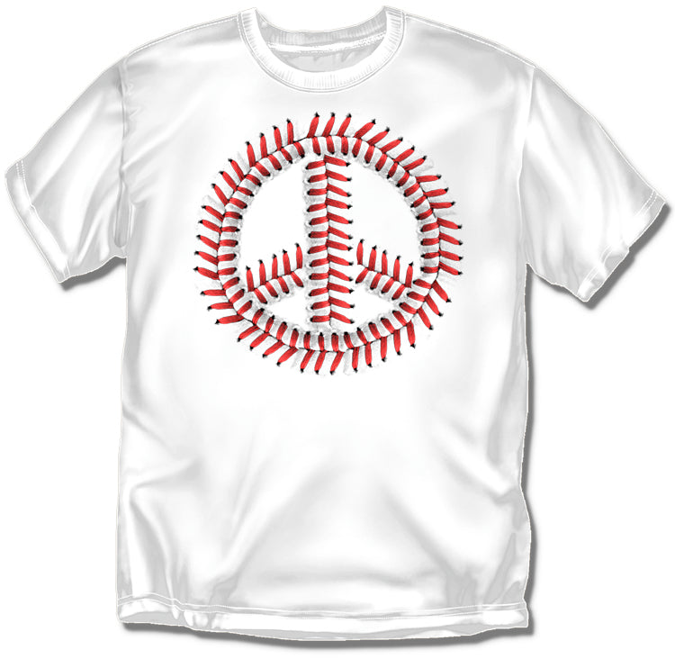 White t-shirt with a peace symbol made of baseball stitches on a white background