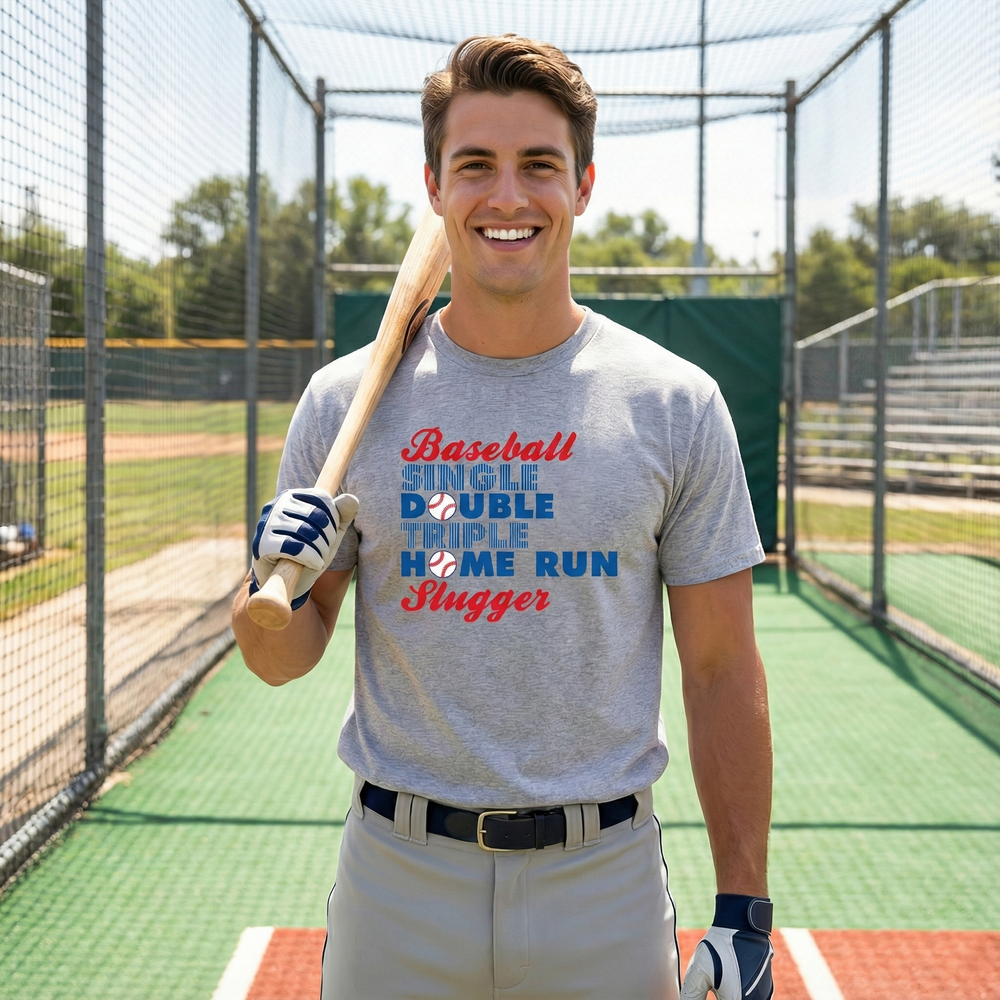 Man holding a baseball bat and wearing a t-shirt with baseball terminology in a batting cage.