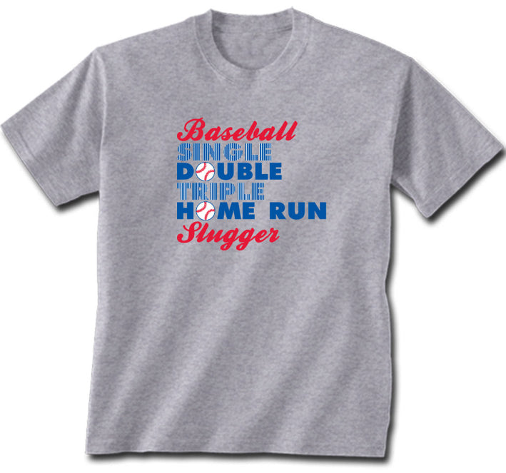 Gray t-shirt with baseball-themed text on a white background