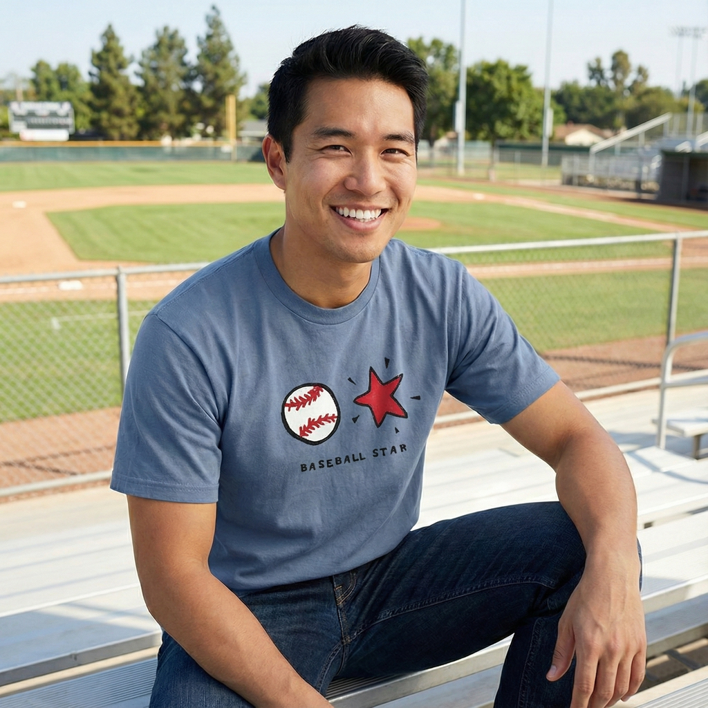 Man wearing a blue t-shirt with a baseball and star design, sitting on bleachers at a baseball field.