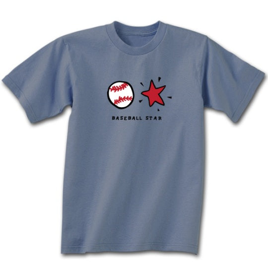 Blue t-shirt with a baseball and star design on a white background