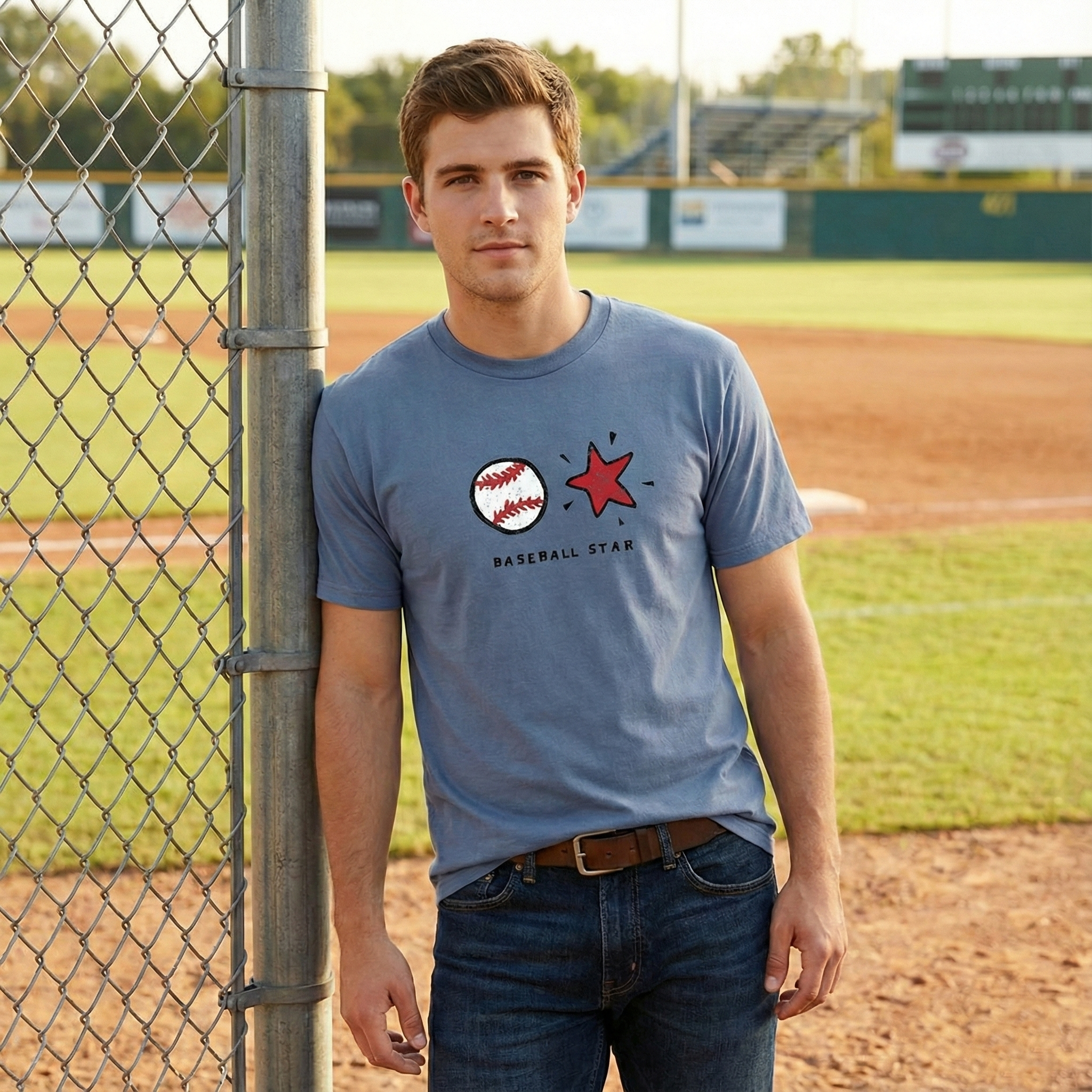 Man wearing a blue t-shirt with a baseball design on a baseball field
