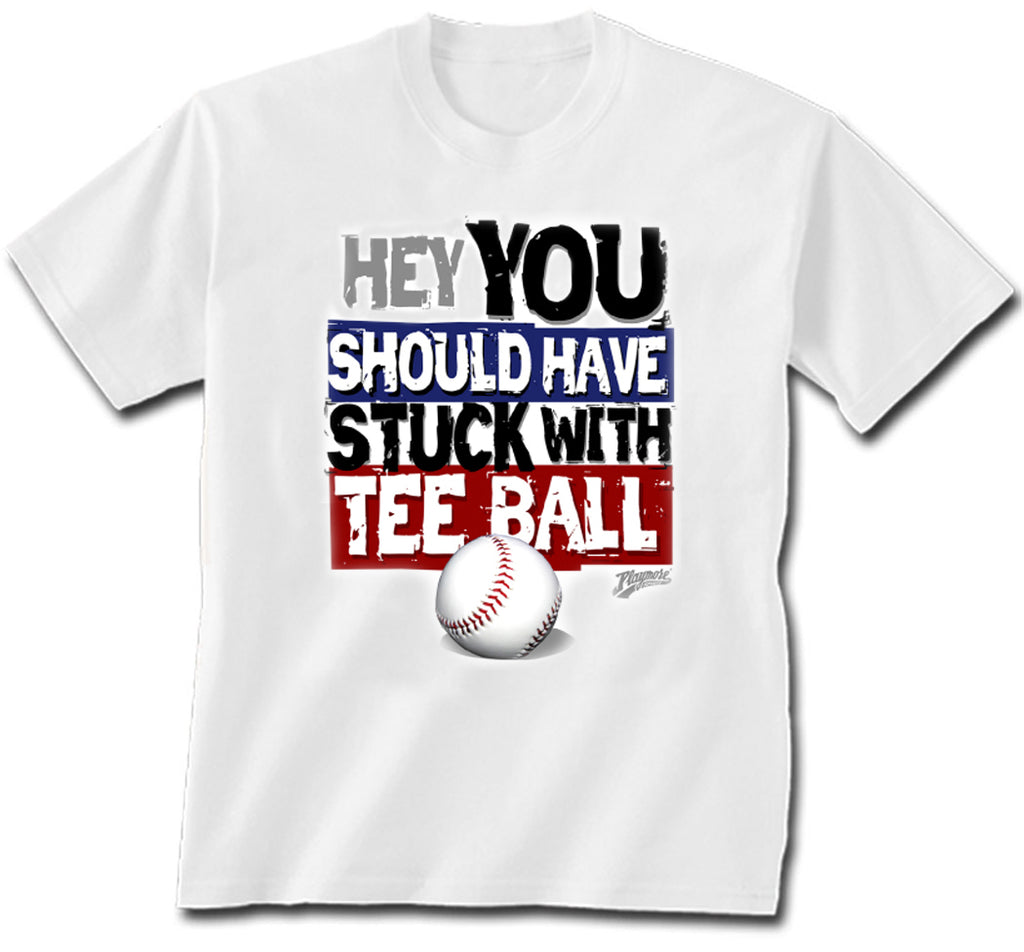 White t-shirt with a graphic of a baseball and text on a white background