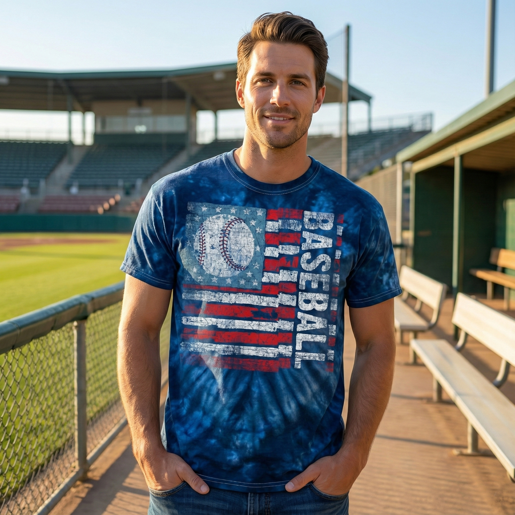 Man wearing a blue tie-dye t-shirt with 'Baseball' design on a baseball field.
