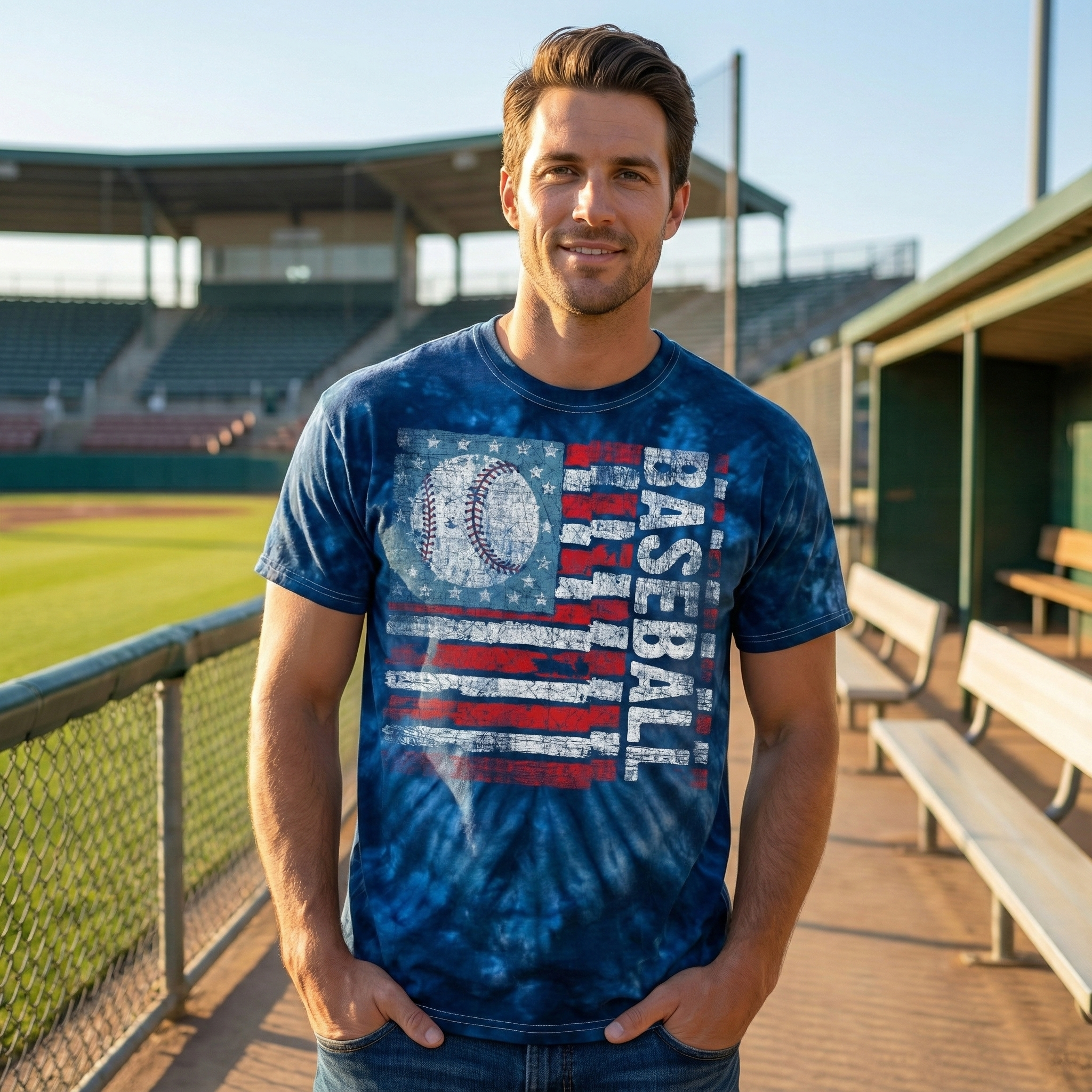 Man wearing a blue tie-dye t-shirt with 'Baseball' design on a baseball field.