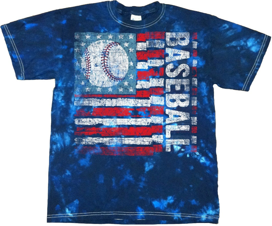 Blue tie-dye t-shirt with American flag and baseball design on a white background