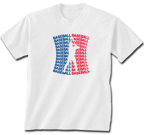 White t-shirt with 'BASEBALL' text in blue and red on a white background