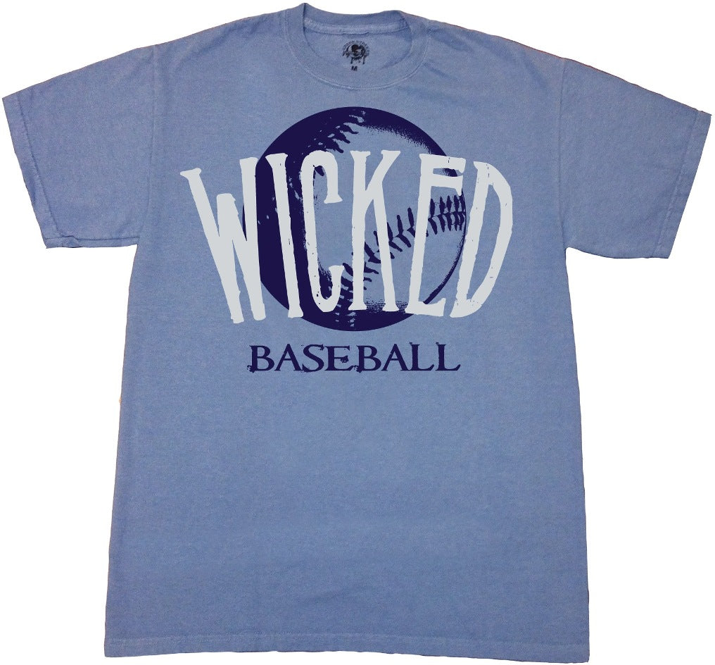 Blue t-shirt with 'WICKED BASEBALL' text and baseball graphic on a white background