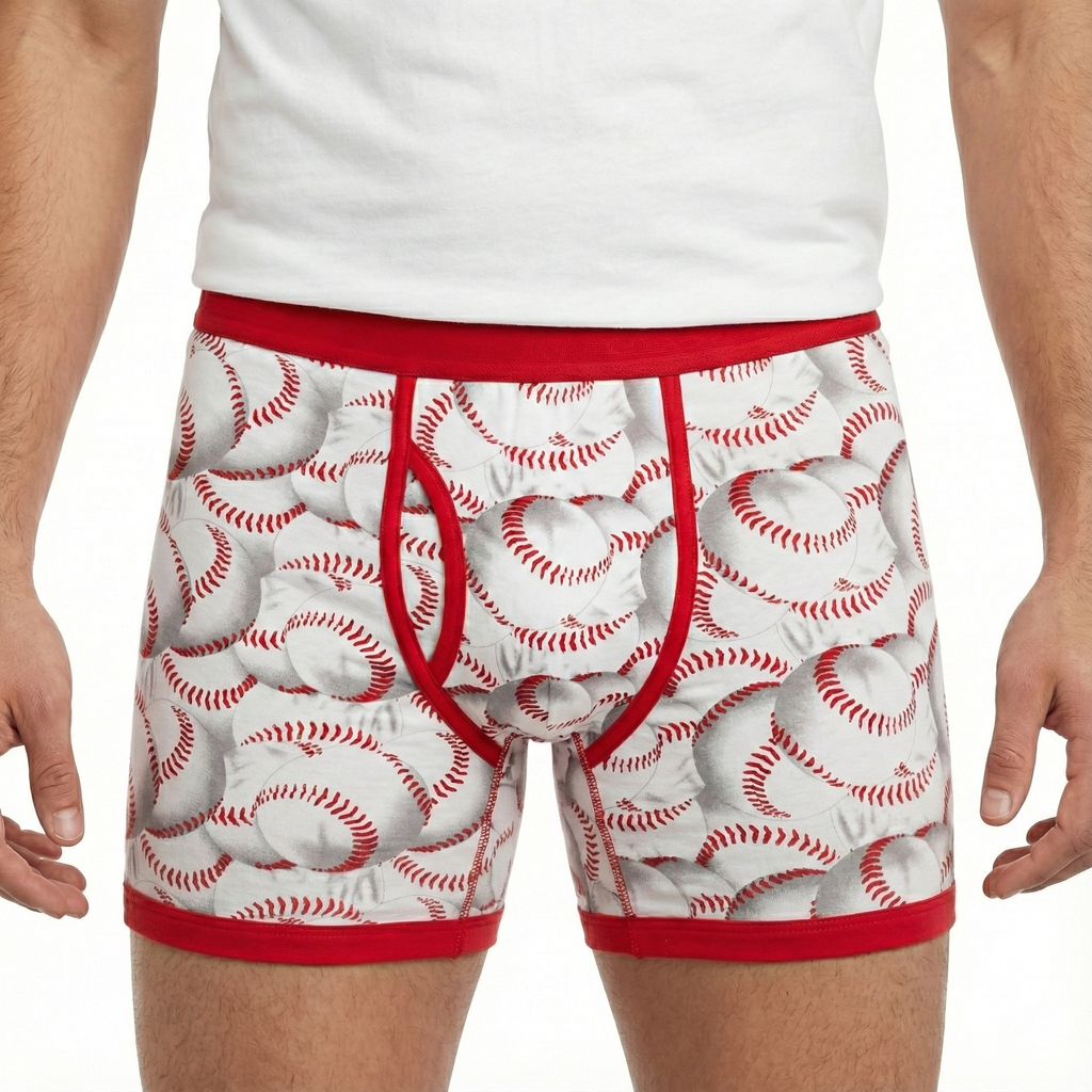 Boxer briefs with baseball pattern and red waistband on a white background