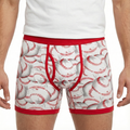 Boxer briefs with baseball pattern and red waistband on a white background