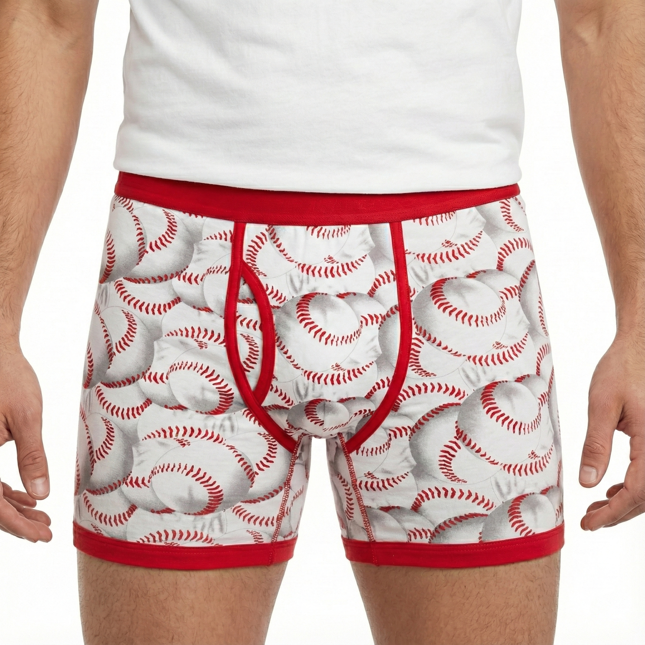 Boxer briefs with baseball pattern and red waistband on a white background