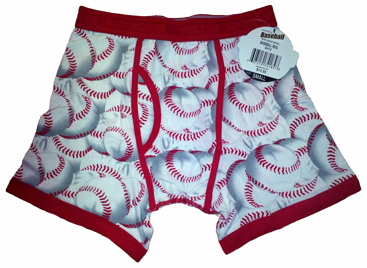Baseball-themed boxer briefs with red trim on a white background