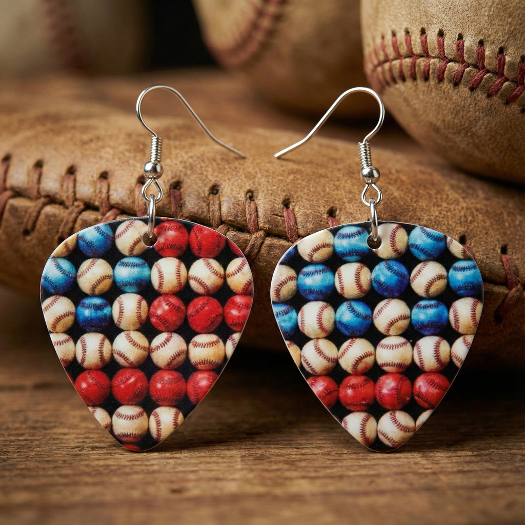 Guitar pick shaped earrings with baseball pattern on a wooden surface