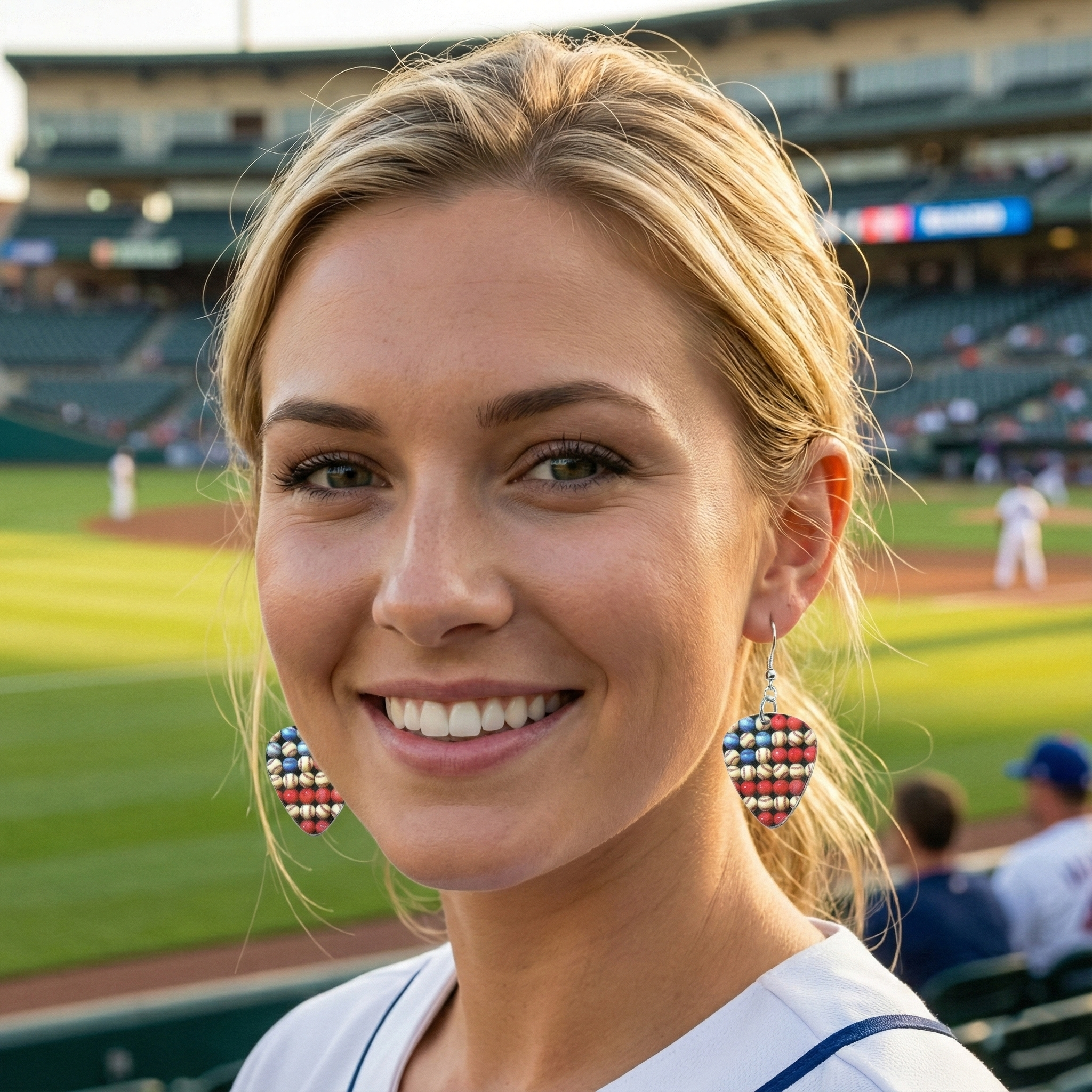 Woman with blonde hair and colorful earrings at a baseball game