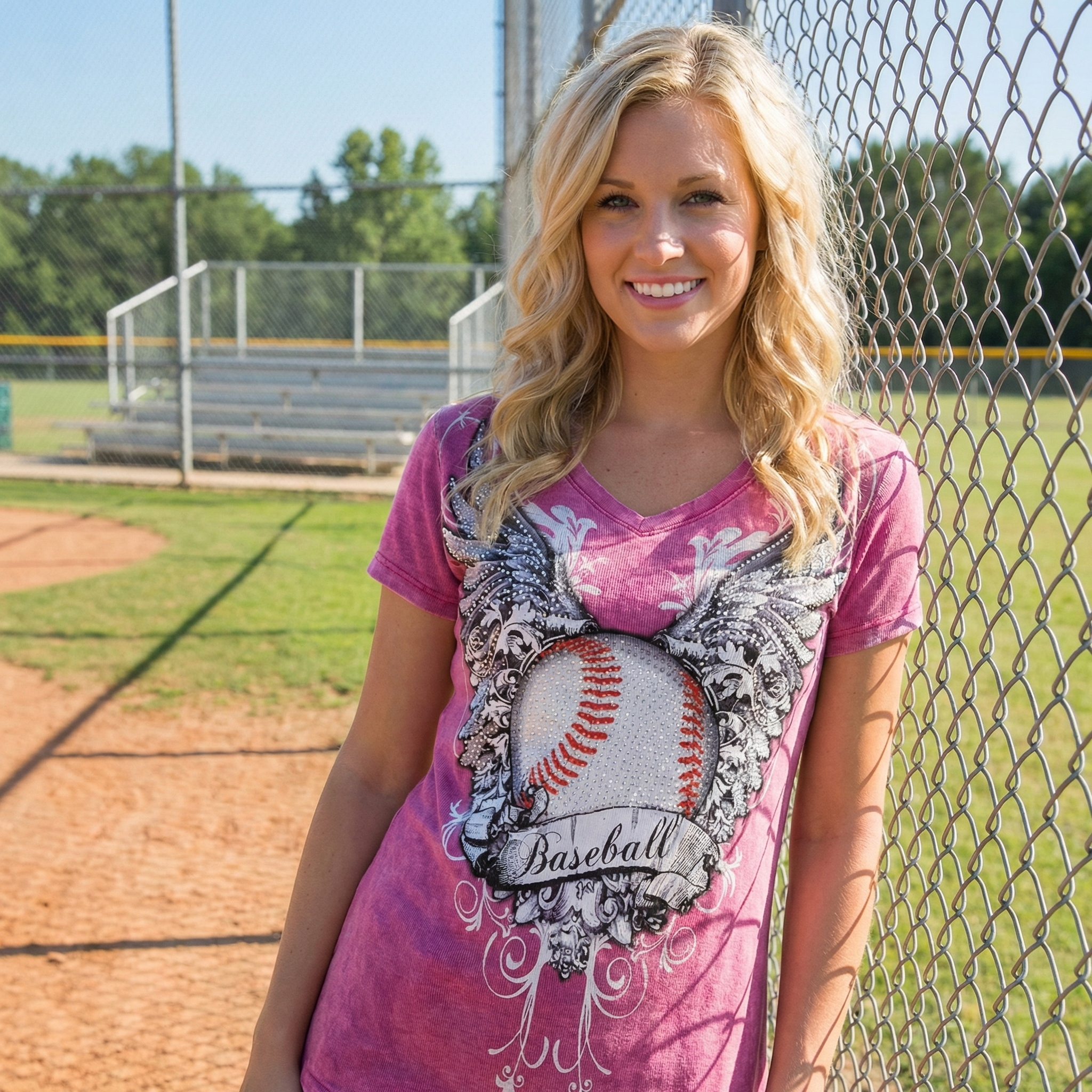 Woman wearing a pink t-shirt with a baseball rhinestones design on a baseball field.