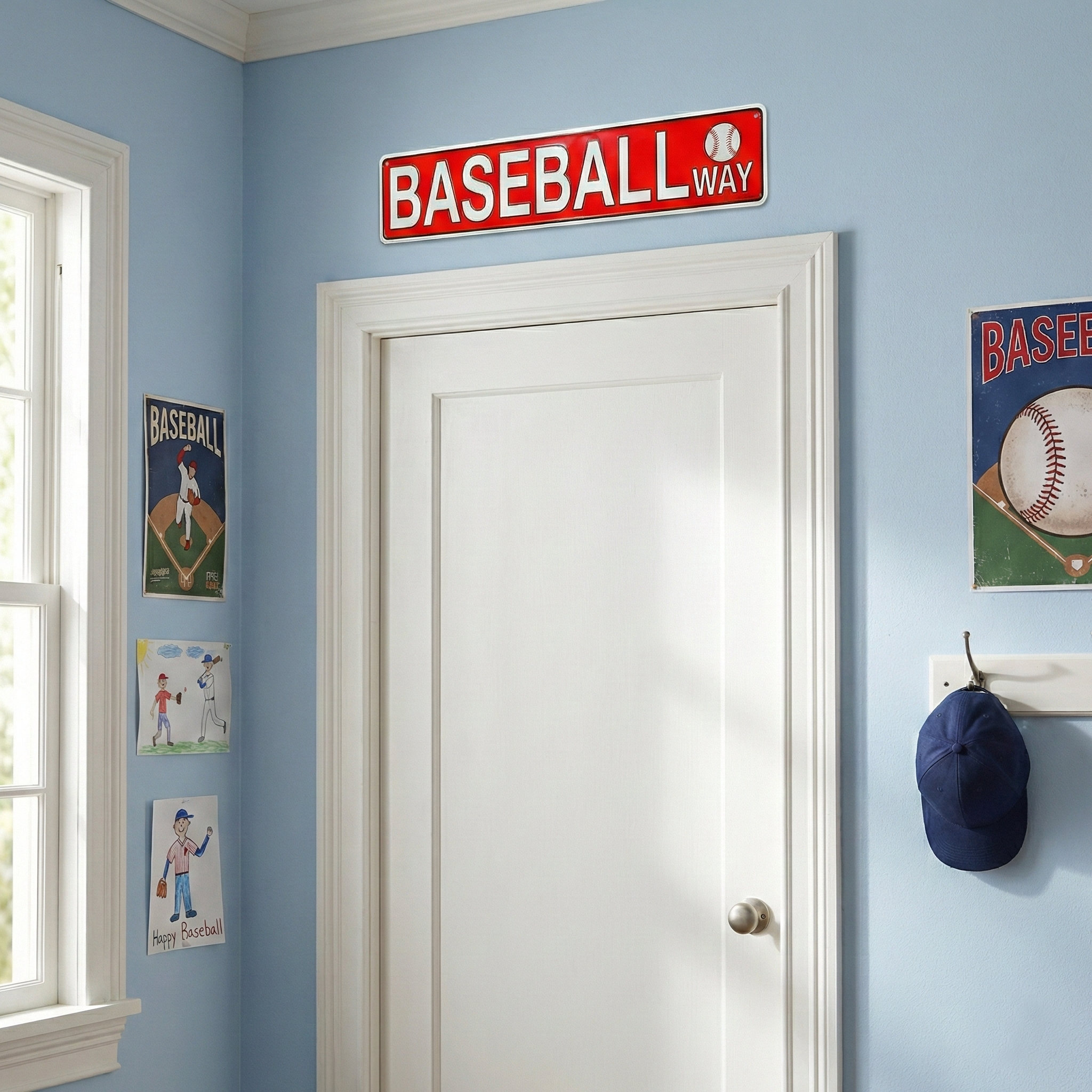 Baseball Way Embossed Aluminum Sign above the door in a kids room.