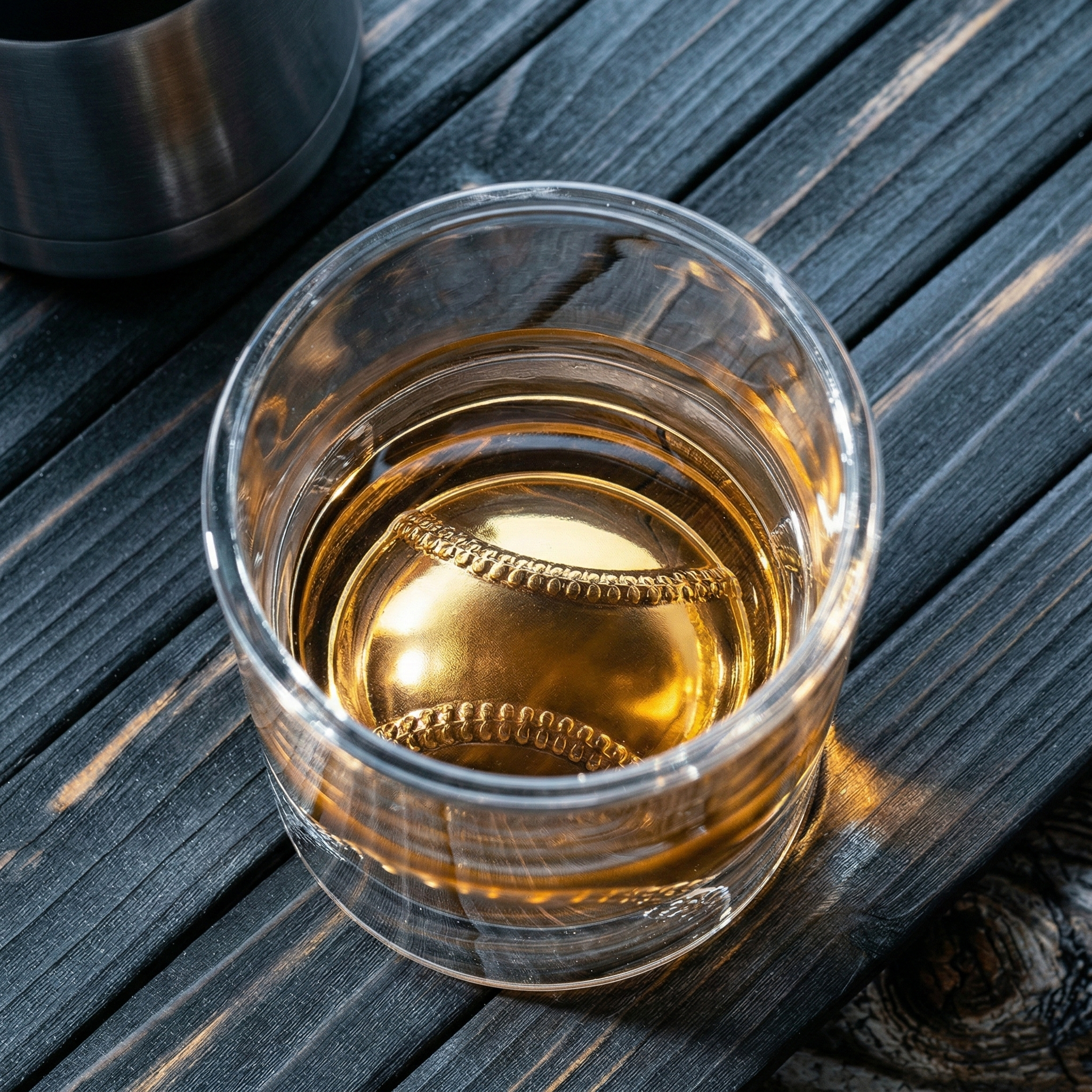 Baseball glass of whiskey on a wooden surface with a metal container next to it