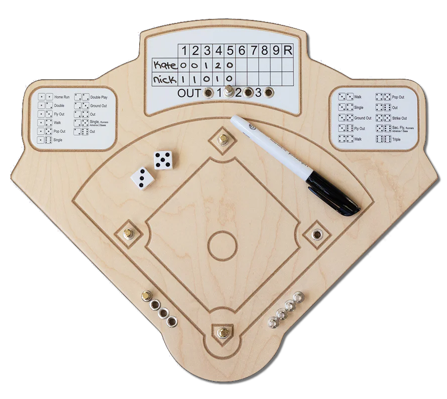 Baseball-themed game board with dice, markers, and scorekeeping components on a white background