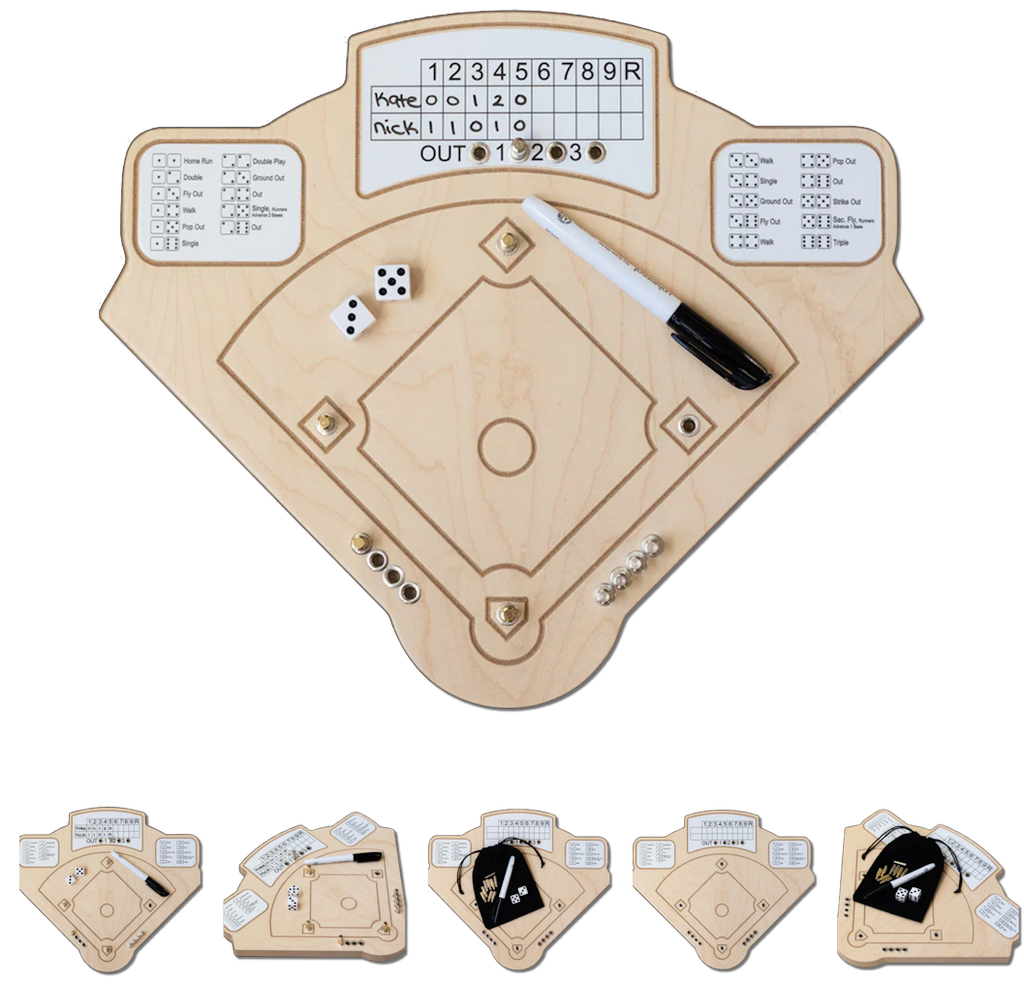 Baseball scorekeeping board with dice, markers, and a pen on a white background