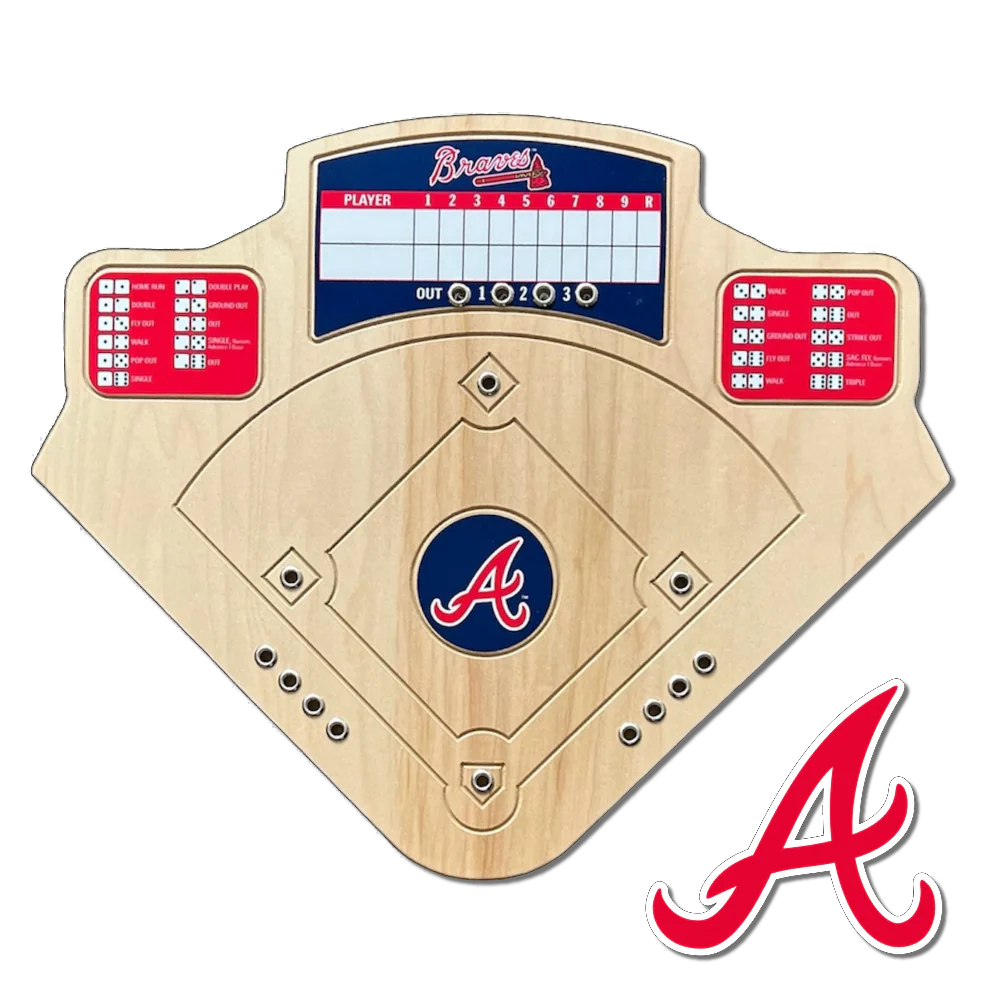 Baseball-themed wooden board game with Atlanta Braves logo on a white background