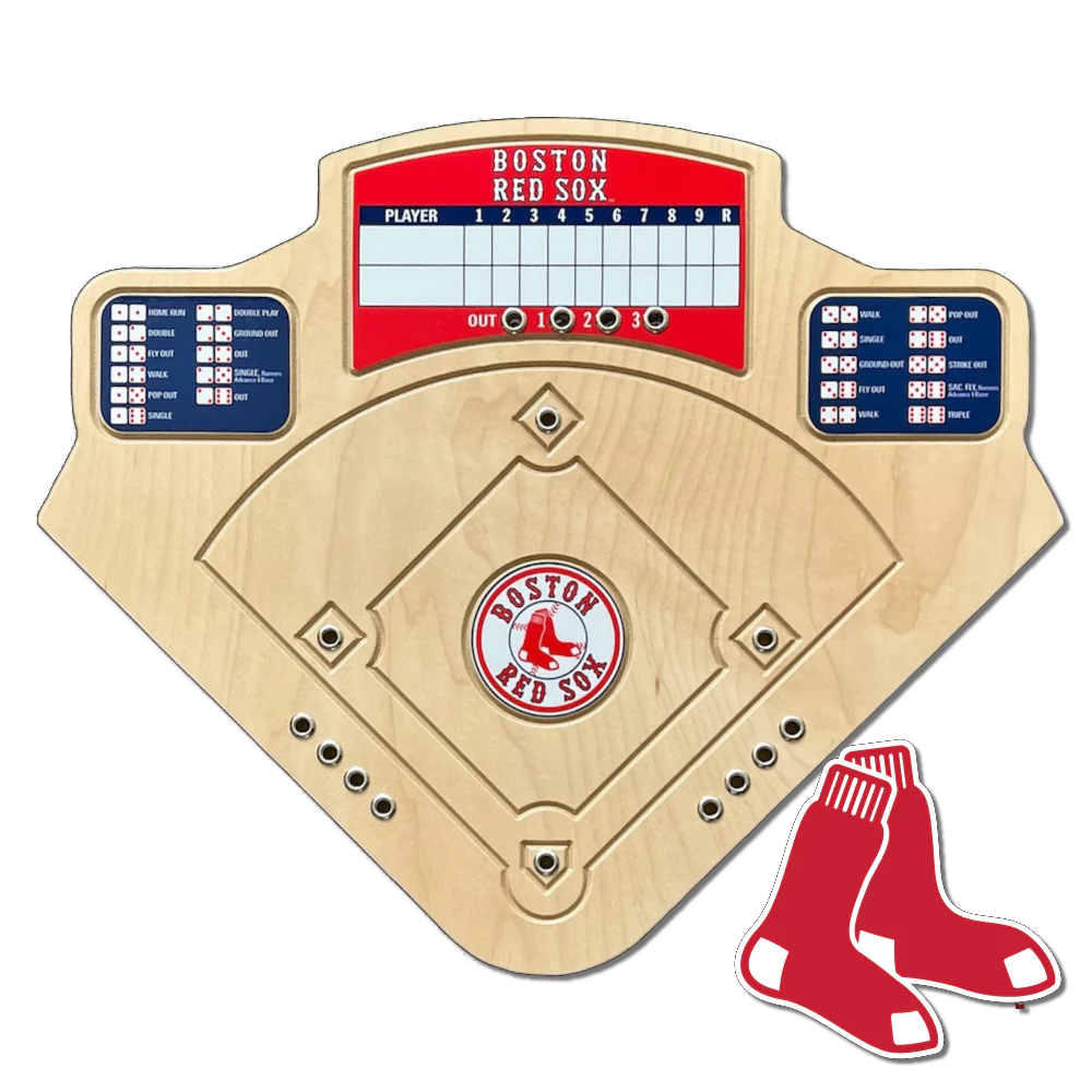 Baseball field-themed game board with Boston Red Sox logo and scorekeeping elements on a white background.