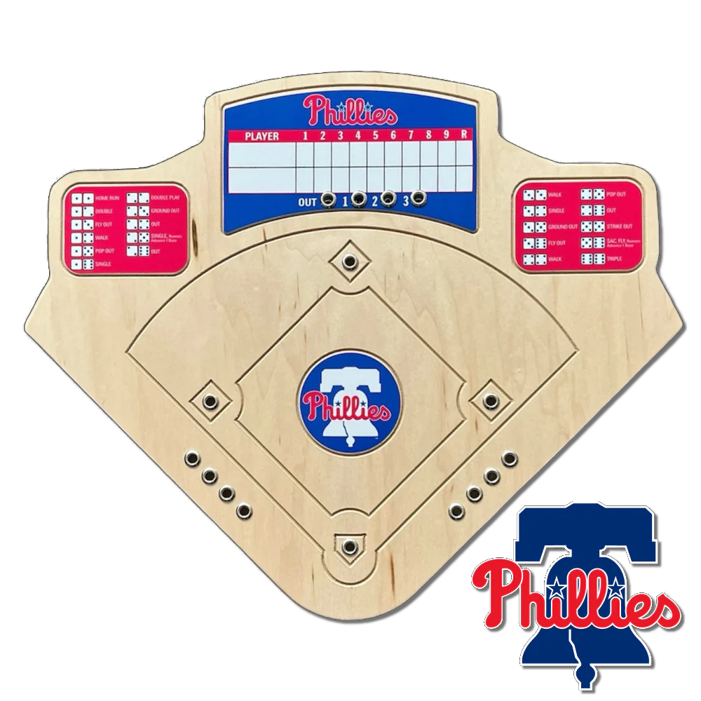 Baseball-themed game board with Phillies logo and scoring elements on a white background
