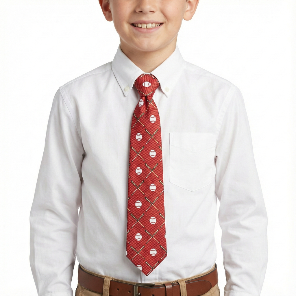 Child wearing a white shirt and red tie with a baseball pattern on a white background