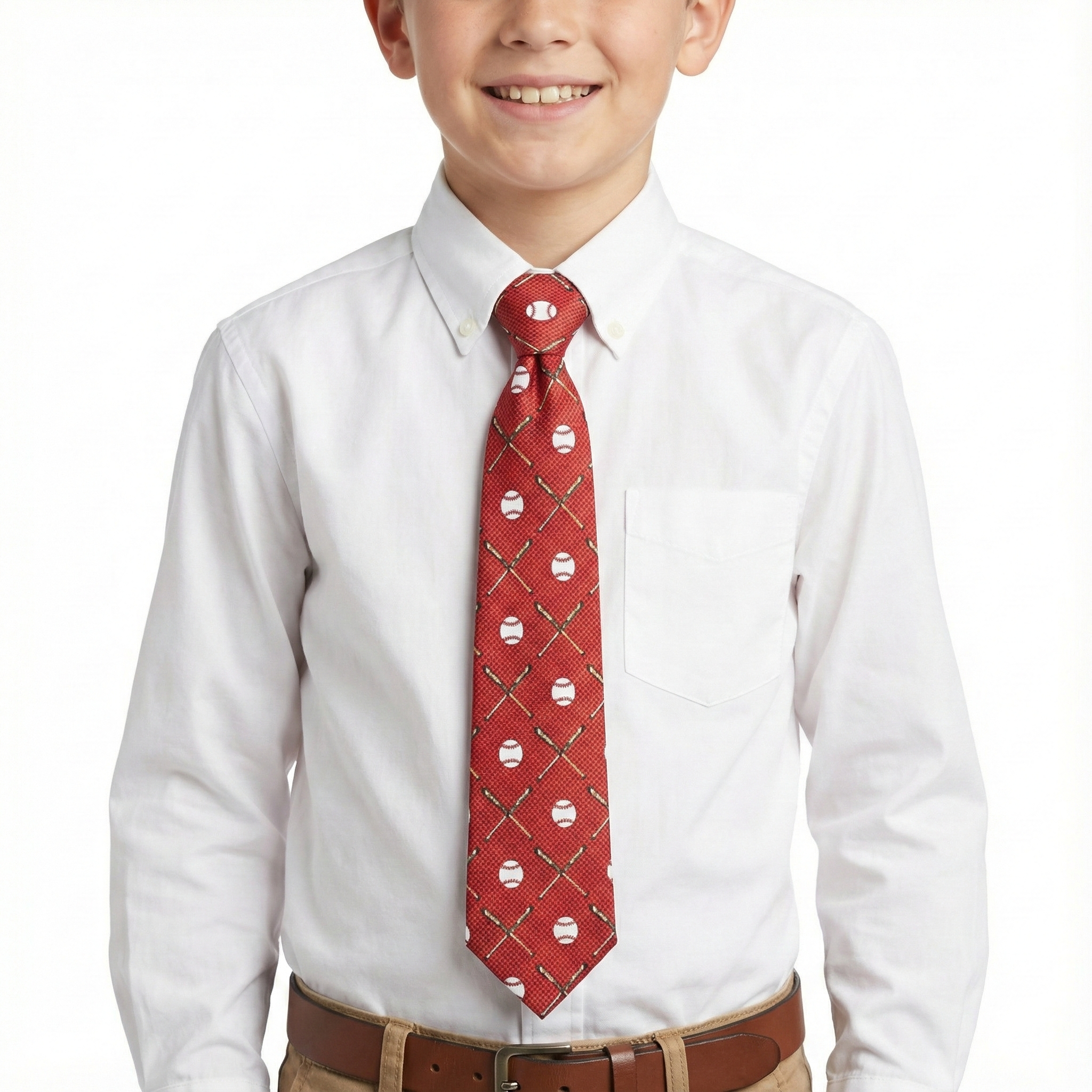 Child wearing a white shirt and red tie with a baseball pattern on a white background