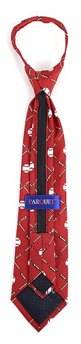 Red necktie with baseball pattern and Parquet label on a white background