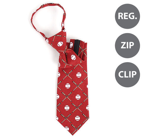 Red tie with baseball pattern on a white background