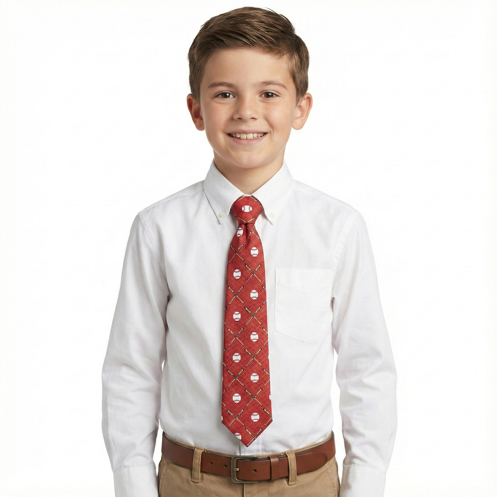 Young boy wearing a white shirt with a red baseball tie on a white background
