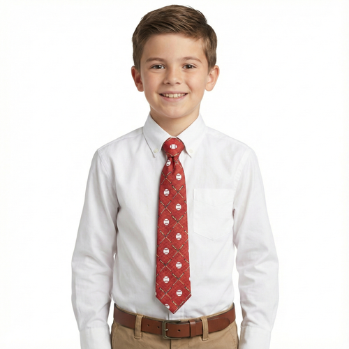 Young boy wearing a white shirt with a red baseball tie on a white background
