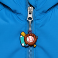 Zipper pull with baseball glove and ball rubber charm attached to a blue jacket zipper.