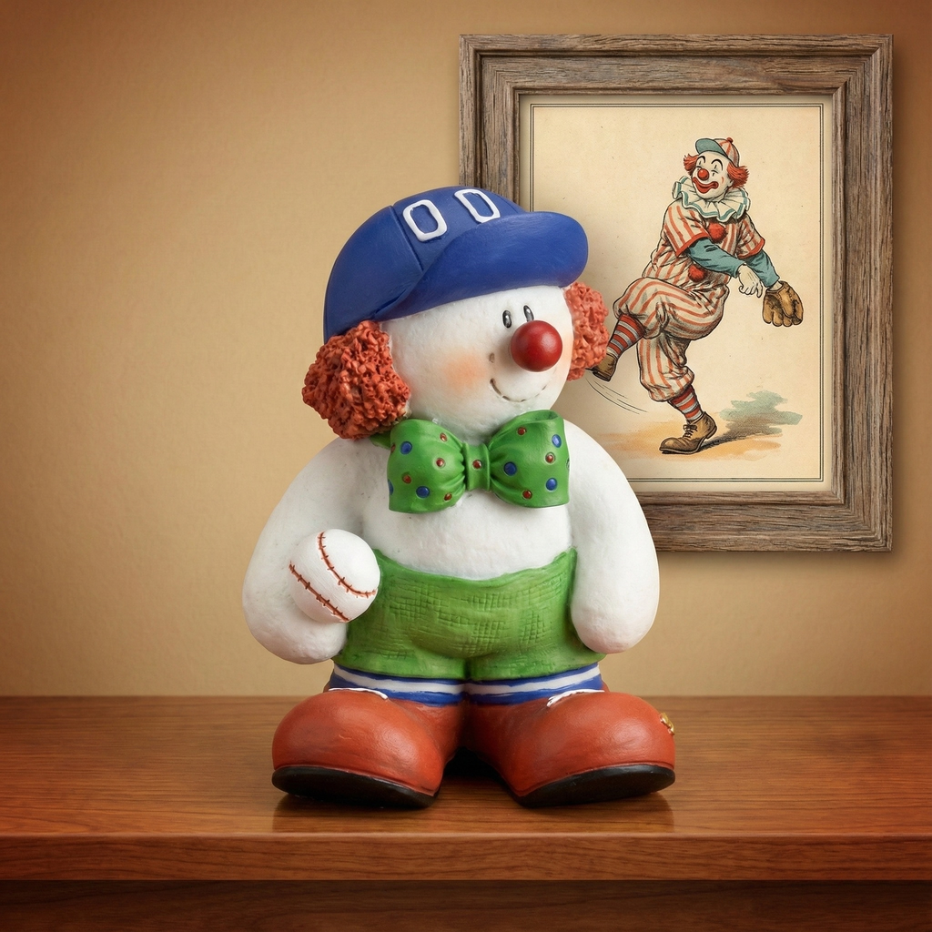 Colorful clown figurine holding a baseball on a wooden surface with a framed picture of another clown in the background.