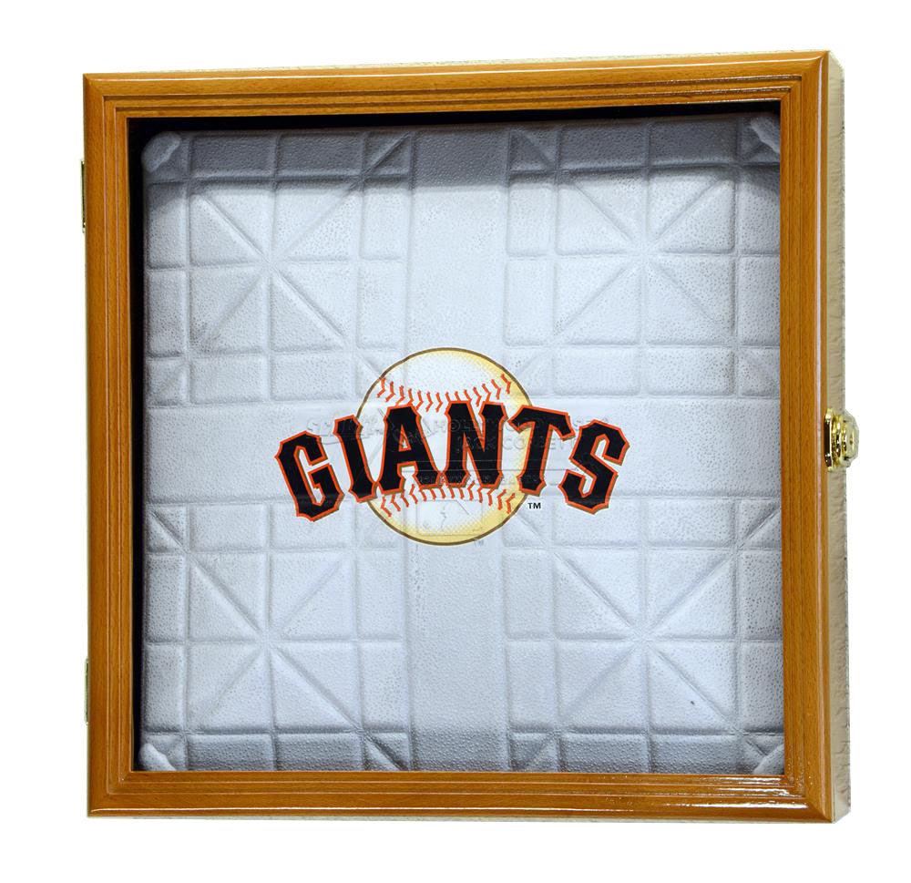 Baseball base display case with 'Giants' logo on a white background