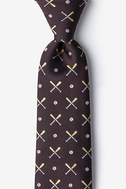 Dark brown tie with sports-themed pattern on a white background