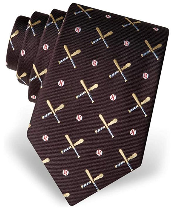 Baseball-themed tie with bat and ball pattern on a brown background
