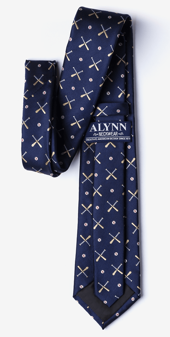 Navy blue tie with white patterns on a white background